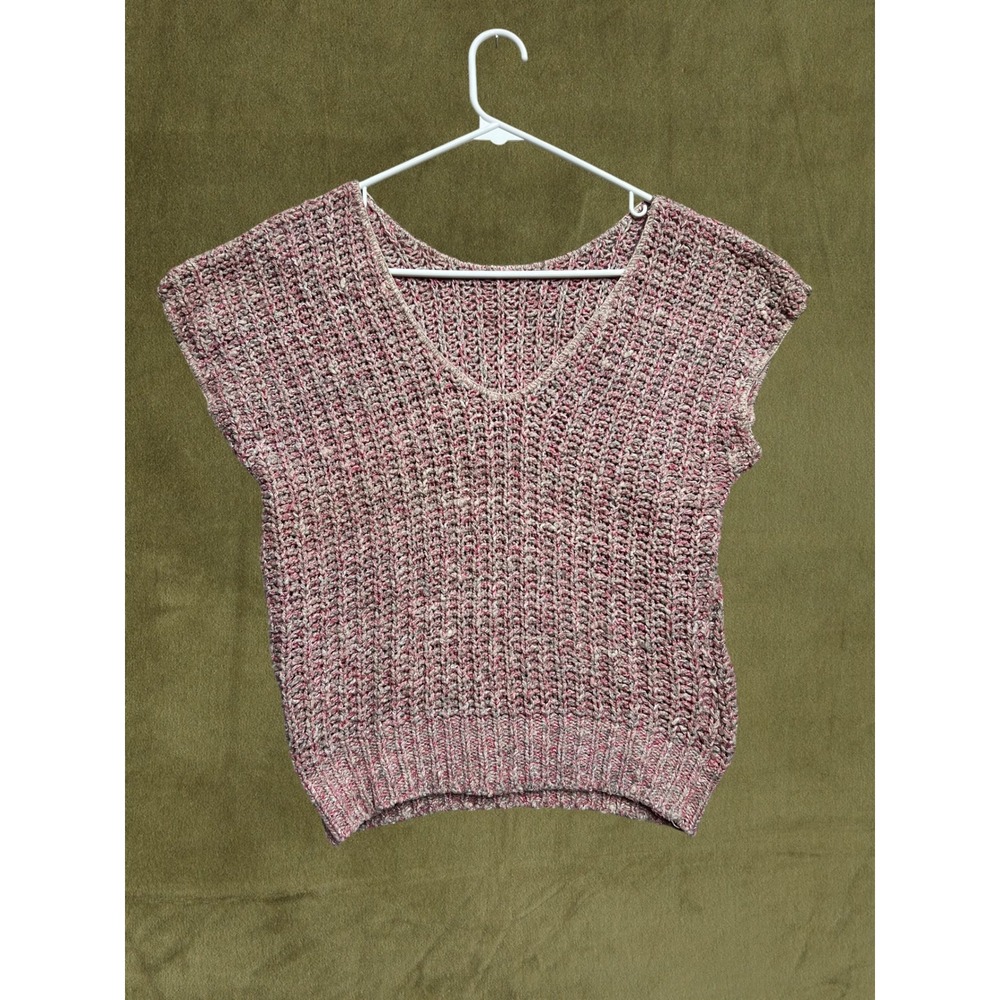 Vintage 80s Hand Knit Vest Top Pink Cream Marled V-Neck Sleeveless Sweater